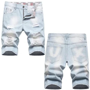 Summer Thin Denim Shorts Men's Ripped Medium Pants Trend Loose Straight Leg Printed Men's Quarter Pants
