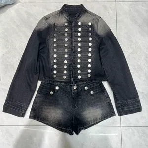 GX-2026 New Fashionable Denim Suit for Women with a Stand-up Collar and Double-button Fastening Two-piece Set