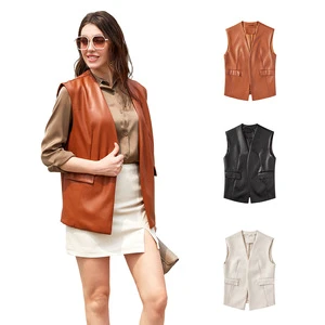 Solid Color Sleeveless PU Loose Large Size Women Vest Top Waistcoat Vest Leather Vest