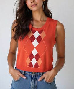 Latest Products Summer New Women's Casual Diamond Knitted Crewneck Geometric Pattern Vest Top Sweater