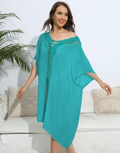 2025 Women Summer 100% Polyester Breathable V-Neck Beach Cover up Short Sleeve Patchwork Beachwear Ladies Blue Swimsuit Cover-Up