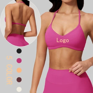 New Arrival Brushed Halter V Neck Yoga Bra Shockproof Removable Padded Adjustable Strap Sports Bra Backless Sports Bra