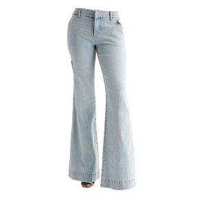 Women Light Blue Flared Denim Jeans Bell Bottom Loose Fit Stretch High Waist Vintage Casual Fashion Retro Style Plain Custom