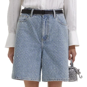 Wholesale Fashion Casual Women's Denim Shorts Vintage Light Stone Wash Streetwear Loose Straight Women's Rhinestone Denim Shorts