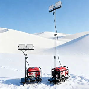 A Lightweight Lighting Light Tower Equipped with an Engine Generator and a Manually Operated Lifting Mast Featuring 4 LED Lights