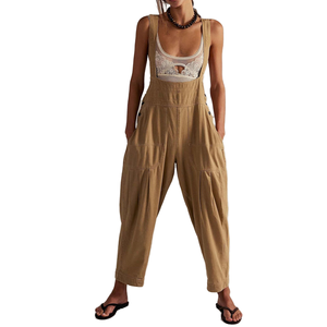Women's Regular Fit High Waist Summer Denim Overalls Casual Sleeveless Jumpsuit with Button Detail Side Pockets