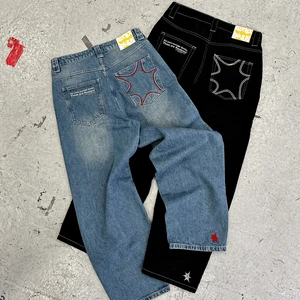 MC BUILD Custom Y2K Men's Letter Printed Denim Jeans With Pockets Embroidery Patch Straight Jean Loose Baggy Street Retro Pants