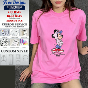 Unisex Hot Pink Oversized Boxy Knitted T-Shirt Cartoon Mouse Embroidery Print Crew Neck Casual Loose Fit Summer 100% Cotton
