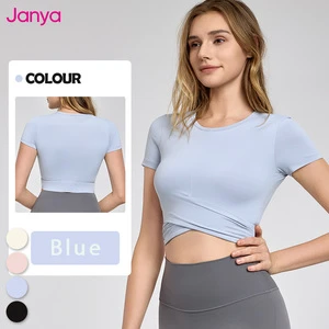 Janya Yoga Shirt Summer Breathable Women Yoga Tops Fitness T-shirt for Women Cross Front Bottom Design Slim Fit Crop Top Female