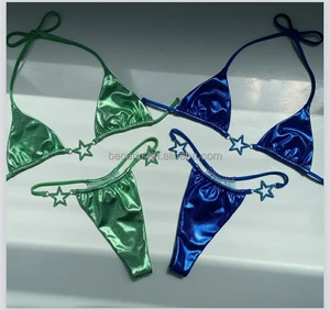 2025 Euro-American Trendy Satin Two Piece Baudeau Style Women's Swimsuit Stylish Solid Bikini Triangle Beachwear Factory