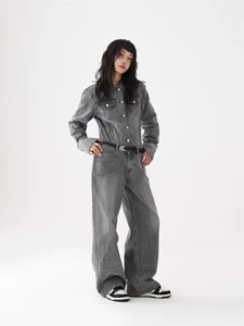 Women's Denim Jacket Set Spring Washed Loose Crop Y2K Vintage High Waist Long Sleeve Sexy Streetwear Two Piece Outfit