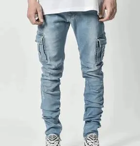 Men Jeans Pants Casual Cotton Denim Trousers Multi Pocket Cargo Jeans New Fashion Customized Pants Side Pocket