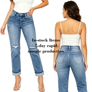 Straight Leg Jeans Women Mid Waist Stretch Denim Pants Distressed Ripped Casual Long Jean Trousers Streetwear