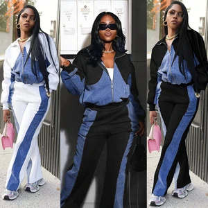 Retro Quality Women's 2 Piece Outfit Trendy Leather Zipper Decorated Denim and High Waist Jeans Suits