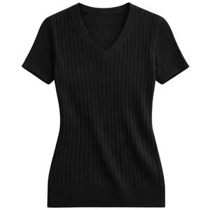 Women’s V Neck Ribbed Knit Top Short Sleeve Slim Fit Casual Summer Pullover Soft Stretch Elegant Everyday Wear Blouse for Womens
