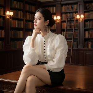 Elegant White Puff Sleeve Blouse Women's Peter Pan Collar Lace Trim Regular Fit Spring Summer Blouse