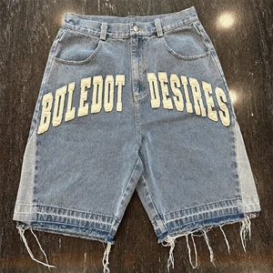 Custom Supplier Men's Baggy Denim Jorts With Embroidered Letter High Waist Light Wash Raw Hem Jean Shorts