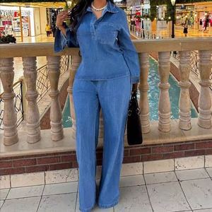 New Women's Denim Suit Long Sleeve Lapel Pocket Top Lace up Straight Pants Two Pieces