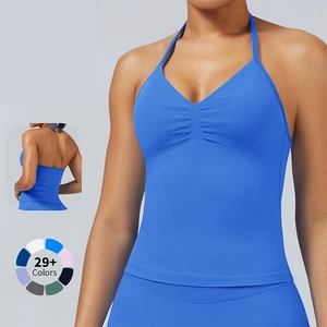Women's Nylon Plus Size Quick Dry Breathable Halter Neck Vest Bra Beauty Back Seamless Gym Fitness Yoga Strappy Tank Top Pads