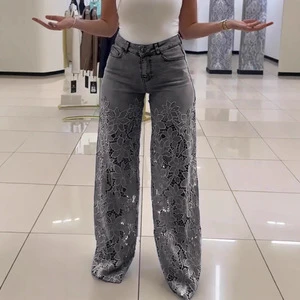 Wholesale 2026 High Waisted Wide Leg Jeans for Women's Spring and Summer Fashion, Paired with Hollowed Out Lace Patchwork Jeans