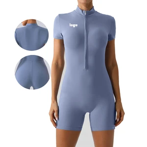 Summer New Custom Fitness Jumpsuits Playsuits Bodysuits Zipper Short Sleeve Sexy Women Workout Jumpsuit For Women