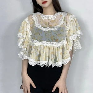 Casual Women's Shirts Short Sleeves Blouse Eyelet Summer Top