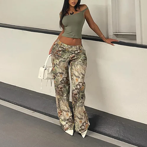 Plus Size Eco-Friendly Loose Mushroom Print Cargo Jeans Women High Waist Straight Leg Denim Pants Wholesale Custom Private Label