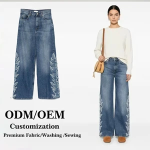 Distressed Vintage Wash Eco-Friendly Breathable Casual Mid Rise Loose Straight Fit Retro Denim Jeans With Appliques For Women