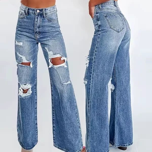 Hot Selling Women's Casual Elastic Washed Denim Jeans Pants Fashionable Straight Leg High Waist Slim Fit for Summer Randomly