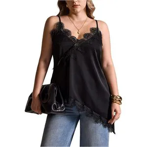 FOXA Women's Plus Size Breathable Lace Cami Top Spaghetti Strap Sleeveless V Neck Asymmetrical Casual Summer Outfit
