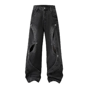 New Arrival Men's Oversize Baggy Style Straight Jeans Acid Washed Denim Trousers Hole Mid Loose High Street Wear