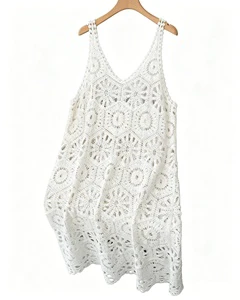 Bohemian Crochet Maxi Dress Women Summer Sleeveless Hollow Out Lace Up Back Sexy Beach Cover Up Dress Breathable Ethnic Style