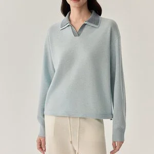 2025 New Autumn Women's Long Sleeved Pullover Solid Color Loose POLO Collar Knitted Sweater Casual Simple Top