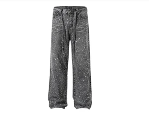 Men's Vintage Washed Gray Rhinestone Wide Leg Pants Full Crystal Studded Strap Belt Baggy Streetwear Denim Pants