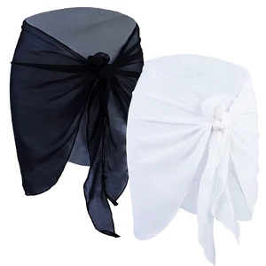 2Pcs Beach Sarongs Sunscreen Polyester Fiber Soft Beach Cover up Skirt Bikini Wrap Black White