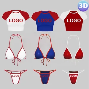 3D Custom LOGO Fitness Sexy Swimsuit 3 Piece Set Micro Mini Bikini T Shirt Luxury Swimwear Beachwear Bathing Suit For Women 2024