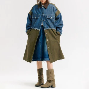 LARSUR Custom Factory Denim Patchwork Twill Jacket Distress Wash Raw Edge Button up Long Jean Jacket and Coat Women