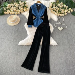 Fall Women's Casual Sets Tunic Top and High Waist Patchwork Denim Pants Suit Clothing Wholesale