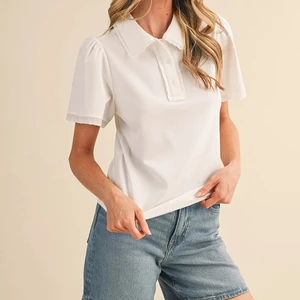 Sweet Preppy Elegant Casual Daily Blouse Doll Lapel Collar Puff Short Sleeve Tshirt Women Solid White Lace Trim Polo Top