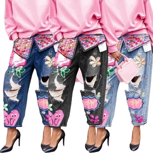 Hot Trending Jeans Fashionable Casual Hot Diamond Positioning Printed Ripped Jeans Women