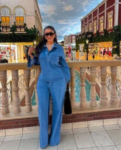 European and American Women's Denim Suit Long Sleeved Lapel Pocket Top Tie up Straight Leg Pants Two-piece Set