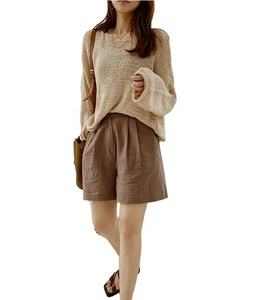 Tong Rui Good Quality New Arrival Women's Simple Linen Short With Waist Lace Zipper Fly