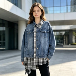 Custom Designed Faux Two Piece Denim Jacket Custom Made Trendy Women's Patchwork Loose Fit Denim Jacket