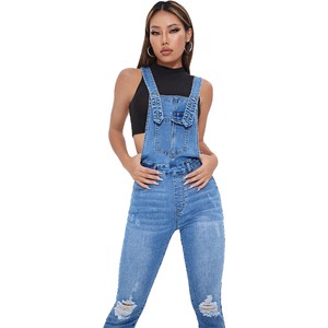 Women Denim Jeans Dungarees Jumpsuit Ripped Patched Pocket Denim Overalls Denim Jumpsuit for Women