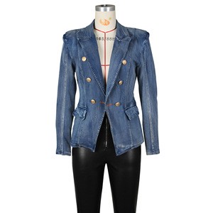 Plus Size Denim Jacket Fashion Double Breasted Blue Jean Jacket Women Denim Jacket Suit for Women