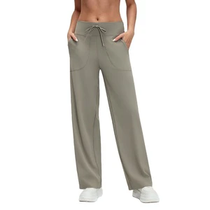High-Waist Solid Breathable Spandex/Nylon Figure-Flattering Full-Length Straight Leg Yoga Pants Elastic Waist-Women's Sporty