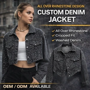 Blesstop Custom Rhinestone Denim Jacket Women Cropped Washed Streetwear Studded Jean Jacket OEM Logo Vintage Denim Jacket