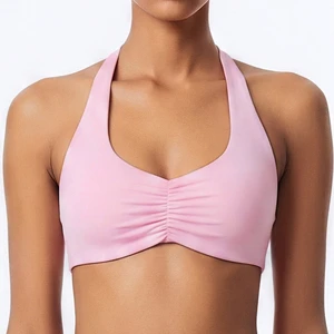 Custom Logo Womens Halter Neck Sports Bra Ruched Front Padded Open Back Yoga Bra Buttery Soft Workout Bra
