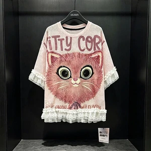 Women's Plus Size Loose Casual T-Shirt with Canard Design & Rhinestone Decoration