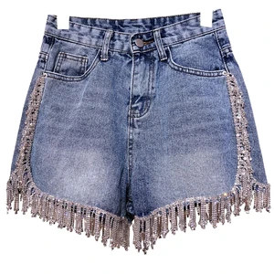 Women's High Waist Stonewashed Denim Shorts With Tassel Fringe Asymmetric Cut Casual Summer Style